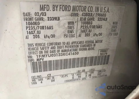 2003 Ford Escape Xlt из США, поврежденный, VIN 1FMYU03133KC41650